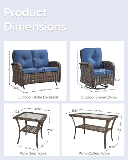 5-Piece Modern Wicker Patio Furniture Set - Outdoor Rocking Chairs, Glider Bench, Coffee Table - Brown/Blue