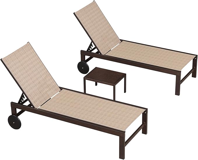 PURPLE LEAF Outdoor Chaise Lounge Chair Set of 3, Pool Lounge Chair for Outside, Patio Chaise Lounger with Adjustable Backrest and Wheels for Deck, Outside, Lawn, Garden, Light Tan