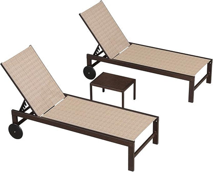 PURPLE LEAF Outdoor Chaise Lounge Chair Set of 3, Pool Lounge Chair for Outside, Patio Chaise Lounger with Adjustable Backrest and Wheels for Deck, Outside, Lawn, Garden, Light Tan