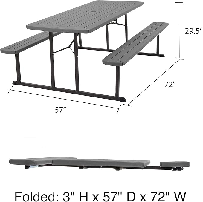 COSCO Outdoor Living 6 ft. Folding Picnic Table, Dark Gray Wood Grain Resin with Gray Steel Legs - Photo 3