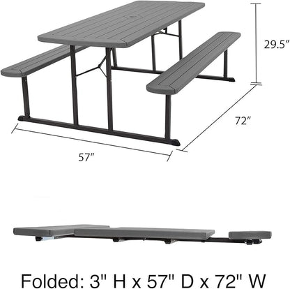 COSCO Outdoor Living 6 ft. Folding Picnic Table, Dark Gray Wood Grain Resin with Gray Steel Legs