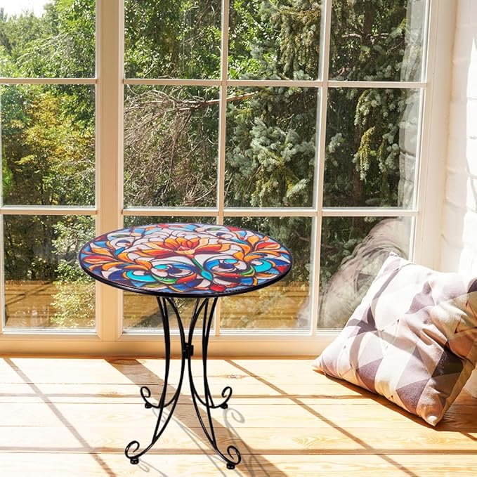 Outdoor Side Table, Mosaic Round Accent Table, Metal Indoor Small End Tables, 18" Plant Stand Tables for Patio Balcony Garden Bedside