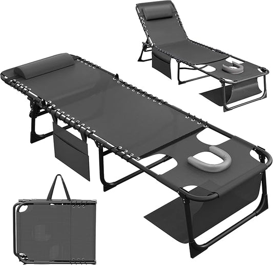 Devoko Beach Lounge Chair, Outdoor Sun Tanning Chair with Face Hole, Heavy Duty Folding Portable Lay Chaise Lounge Chairs for Outside Beach Pool Camping Patio, Gray