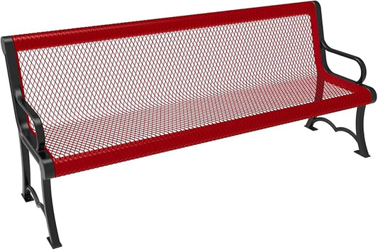 COATEDOUTDOORFURNITURE Coated Outdoor Furniture Heavy-Duty Outdoor Bench Thermoplastic Coated, Expanded Metal, Commercial-Grade Garden Bench, Made in America (Portable with Back, 6 Ft, Textured Red)