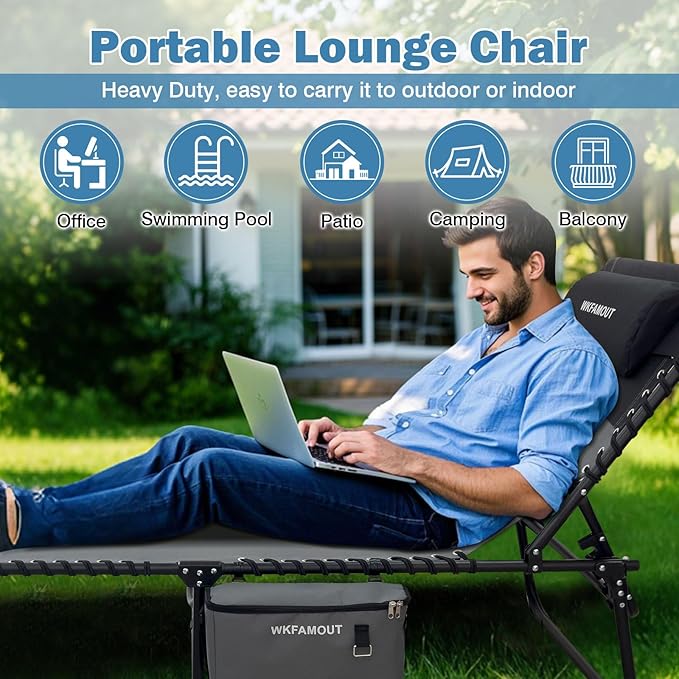 Folding Lounge Chair Outdoor with Insulated Cooler Bag Portable for Outside Patio Chaise Lounge Chair 5-Position with - Photo 6