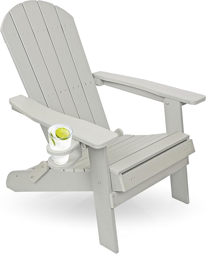 Alpine Corporation 38" H Outdoor Adirondack Folding Chair with Cup Holder and Ottoman, Classic Ergonomic Design, Patio Furniture and Accessories, Light Gray