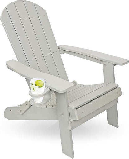 Alpine Corporation 38" H Outdoor Adirondack Folding Chair with Cup Holder and Ottoman, Classic Ergonomic Design, Patio Furniture and Accessories, Light Gray