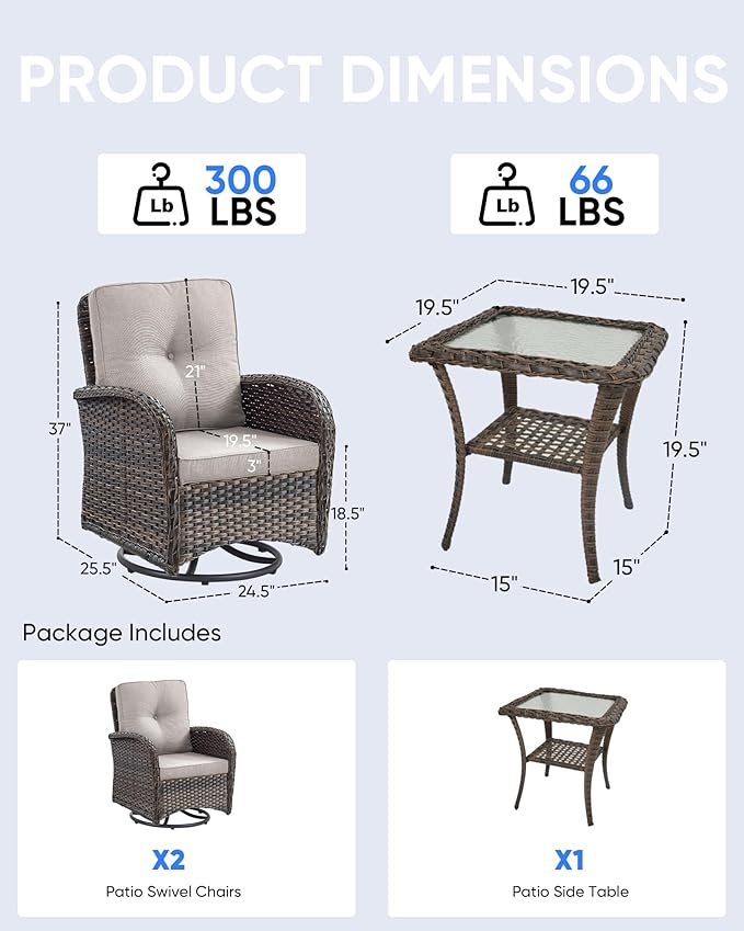 3 Pieces Patio Bistro Set Outdoor Swivel Rocker Patio Chairs with Side Table Patio Furniture for Deck Porch Garden - Photo 2