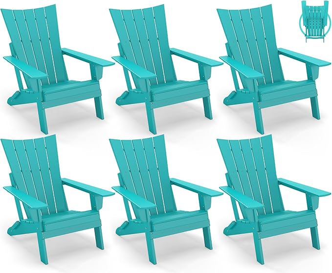 GREENVINES Folding-Adirondack-Chairs-Set-of-6 | HDPE Plastic | Arch Series | Fire Pit Chair | All Weather | for Outdoor Patio Deck Backyard Poolside | Aqua