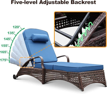 NOBLEMOOD Chaise Lounge Outdoor Wicker Lounge Chair with Wheels, Adjustable 6 Position Pool Reclining Chair with Blue Thickened Fabric Cushion & Pillow, Pack of 6