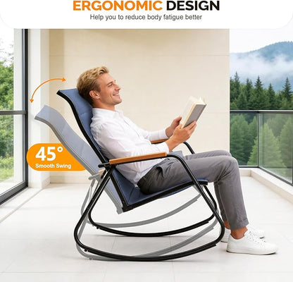 VINGLI Outdoor Rocking Chair, 450lbs Capacity Portable Outdoor Rocker with Footrest, Hard Armrests, Pillow, All Weather Porch Rocker for Garden, Living Room, Patio, Lawn (Blue, Without footrest)