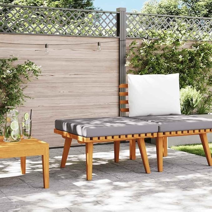 Natural Dark Grey Solid Acacia Wood Garden Footstool with Weather-Resistant Cushion for Outdoor Patio Porch Seating and - Photo 4