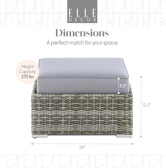 Elle Decor Vallauris Patio Outdoor Furniture Collection, Premium All Weather Wicker, Ottoman, Gray - Photo 3