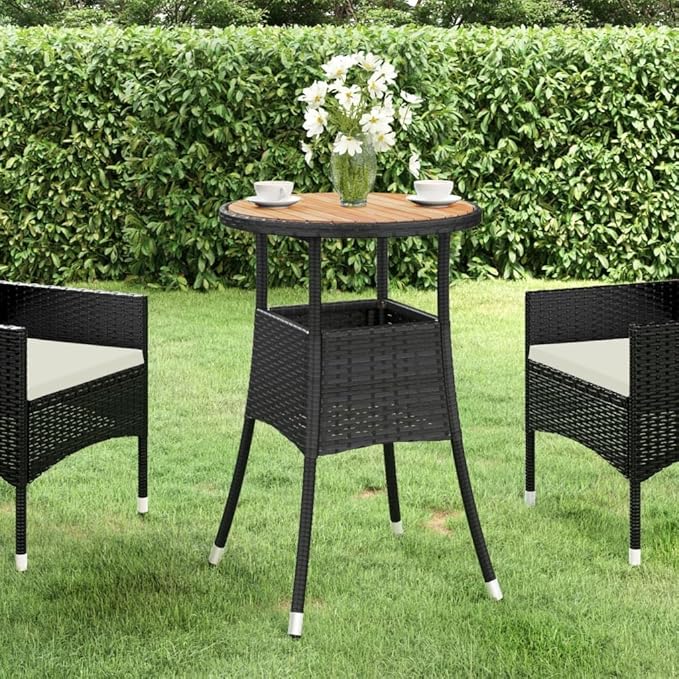 Black Round Garden Dining Table with Acacia Wood and Poly Rattan, Ø23.6 Inch Outdoor Patio Table for Balcony, Durable Steel Frame, Weather Resistant Design, Easy Maintenance
