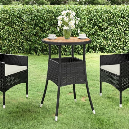 Black Round Garden Dining Table with Acacia Wood and Poly Rattan, Ø23.6 Inch Outdoor Patio Table for Balcony, Durable Steel Frame, Weather Resistant Design, Easy Maintenance