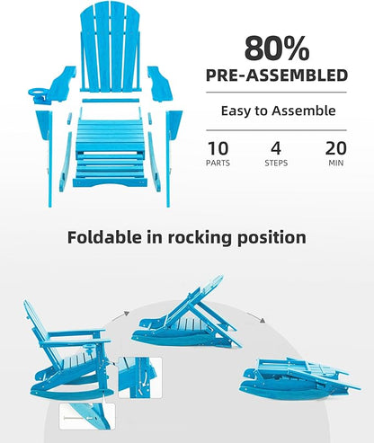Folding Adirondack Rocking Chair,4-in-1 Multifunctional Patio Chair with Retractable Ottoman, Outdoor Chair Wood Texture, Lawn Chair for Porch, Backyard, Pool(Pacific Blue)