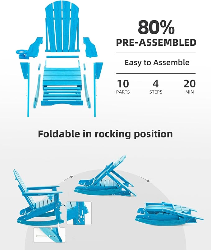 Folding Adirondack Rocking Chair Set of 2,4-in-1 Multifunctional Patio Chairs with Retractable Ottoman, Outdoor Chairs Wood Texture, Lawn Chair for Porch, Backyard, Pool(Pacific Blue)