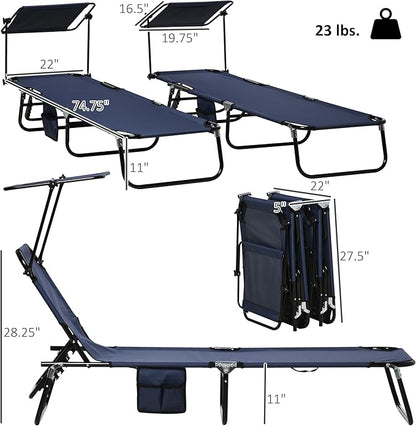 Outsunny Folding Chaise Lounge Pool Lounge Chairs Set of 2, Outdoor Sun Tanning Chairs with Canopy Shade, Reclining Back, Steel Frame and Side Pocket for Beach, Yard, Patio, Dark Blue