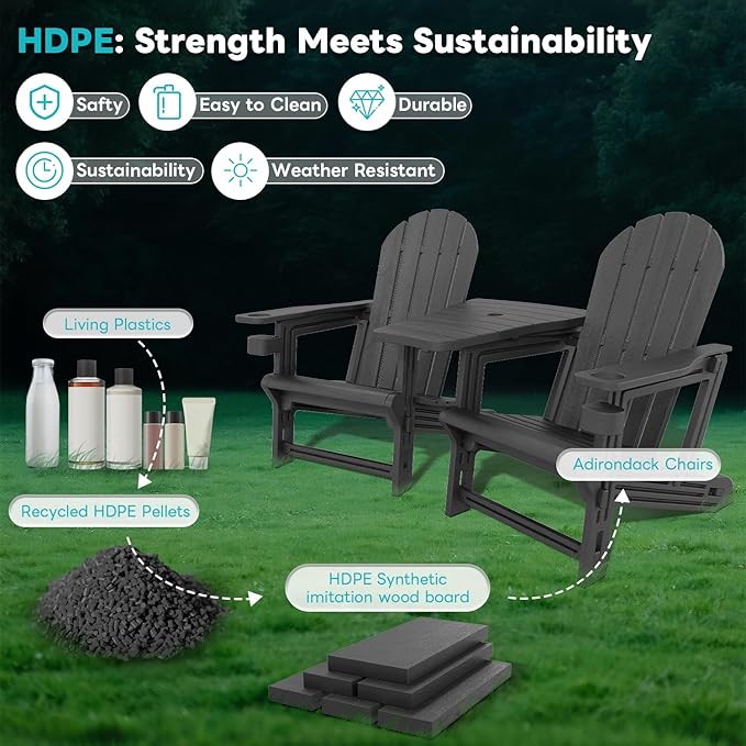 Adirondack Chair Set of 2, All Weather HDPE Adirondack Chair with Double Connecting Trays, Plastic Adirondack Chairs for Balcony, Deck, Patio, Backyard, Garden, Black