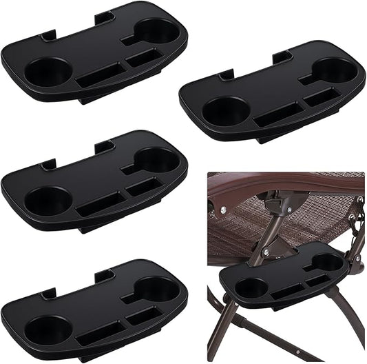 4 Pieces Zero Gravity Chair Tray Beach Chair Cup Holder Attachment Universal Clip on Multifunctional Recliners Table with Mobile Device Slot and Snack Tray/Black