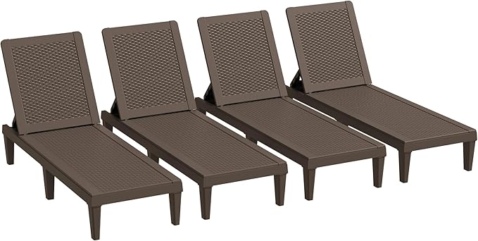 Greesum Outdoor Chaise Lounge Chairs Set of 4 with 5-Position Adjustable Backrest, Waterproof PP Sun Chaise Loungers for Garden Pool Beach Patio Deck Sunbathing, Brown