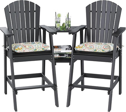 Sundale Outdoor Tall Adirondack Chairs Set of 2 with Table, Patio HDPE Bar Set, 3 PCS Counter Height Dining Bistro Set, Pub Table with Stools, 2 Umbrella Hole Caps, Black