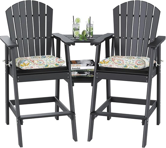 Sundale Outdoor Tall Adirondack Chairs Set of 2 with Table, Patio HDPE Bar Set, 3 PCS Counter Height Dining Bistro Set, Pub Table with Stools, 2 Umbrella Hole Caps, Black
