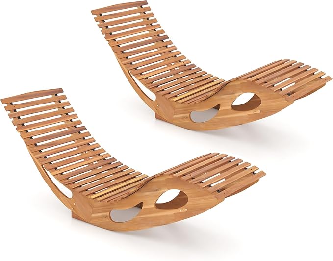 RELAX4LIFE Rocking Chaise Lounge Chair - Acacia Wood Sun Lounger w/Slatted Seat & Bottom Stopper, Indoor Outdoor Rocker for Pool Porch Patio, 350LBS Capacity, Wooden Rocking Lounge Chair (2, 23.5'')