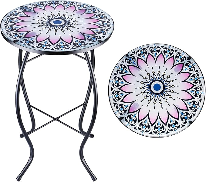 VCUTEKA Outdoor Side Table Mosaic End Table Patio Side Table Small End Tables Glass Top Round Balcony Coffee Porch Indoor Glass Top Flower 14''