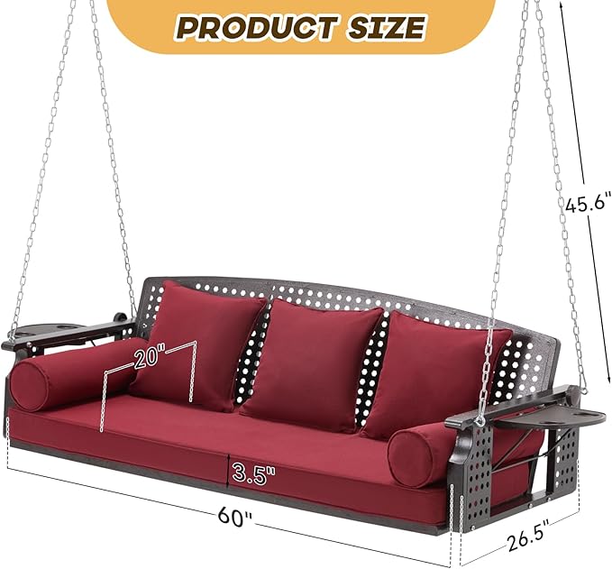 3 Seat Porch Swing, Patio Swing Bench with Cup Holders & 3 Back Cushions - Photo 2