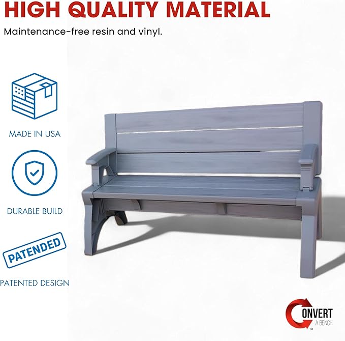 Convert-a-Bench 2-in-1 Outdoor Bench & Picnic Table - Foldable, Weather-Resistant Seating - Perfect for Patio, Lawn, Garden, or Deck - Durable & Easy Assembly - 1 Bench/Order, Platinum Gray