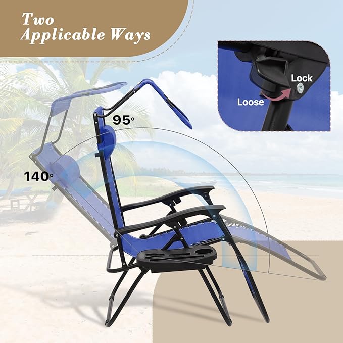 Athena Collection Patio Chairs Set of 2 Reclining Lounge Chair with Cup Holder and Pillow Fabric Camping Chairs with Canopy Foldable Beach Chairs for Garden, Park, Deck, Yard, Poolside, Blue