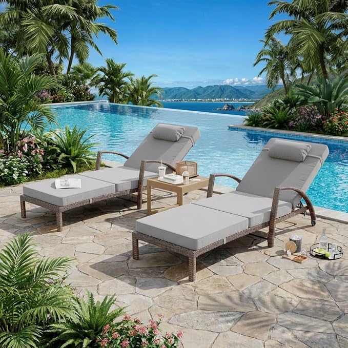 GarveeLife Outdoor Wicker Chaise Lounge Chair with Cushion, Metal Frame Patio Reclining Lounge Bed, All-Weather Rattan Sun Lounger for Poolside, Garden, Backyard & Balcony,Brown Wicker, Gray Cushion