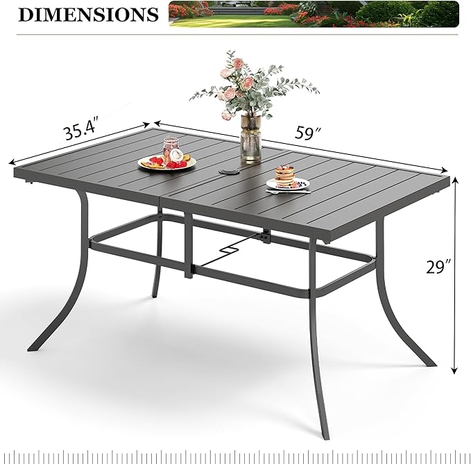 HERA'S HOUSE Outdoor Dining Table for 6,6-Person Metal Steel Slat Rectangle Patio Table with Umbrella Hole for Lawn Garden Backyard