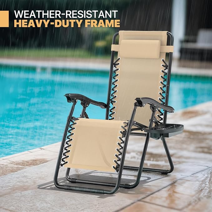 Magshion Zero Gravity Lounge Chair, Adjustable Folding Recliner with Cup Holder Side Tray & Removable Headrest Pillow, Portable Outdoor Patio Lounger for Camping, Beach, Lawn, Backyard