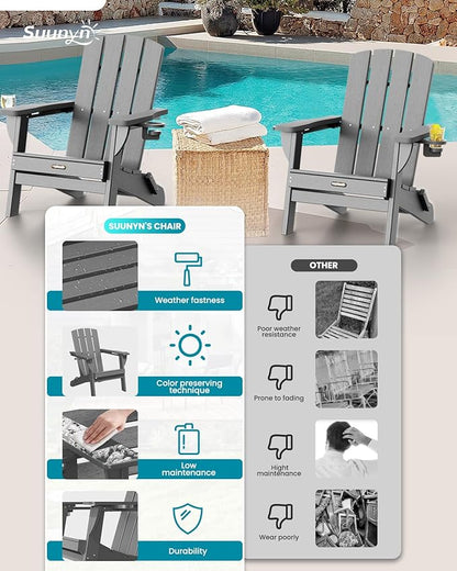 Folding Adirondack Chair 4 Pack, HDPE All-Weather Fire Pit Chairs, Plastic Adirondack Chairs with 2 Cup Holder, Outdoor Lawn Chair for Patio Garden (Grey)