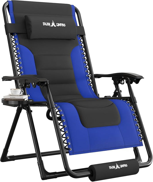 UDPATIO Oversized Zero Gravity Chair, Outdoor Full Padded Recliner, Patio Folding Adjustable Reclining Seat with Cup Holder, Footrest & Headrest for Camping Indoor, 500LBS Support,Black/Blue,29in