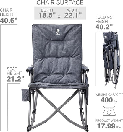 EVER ADVANCED Oversized Folding Rocking Camping Chairs Set of 2, Padded Portable Rocker Chair for Patio, Lawn and Outdoors, Heavy Duty Hard Armchair for Adults Supports 400lbs, Grey