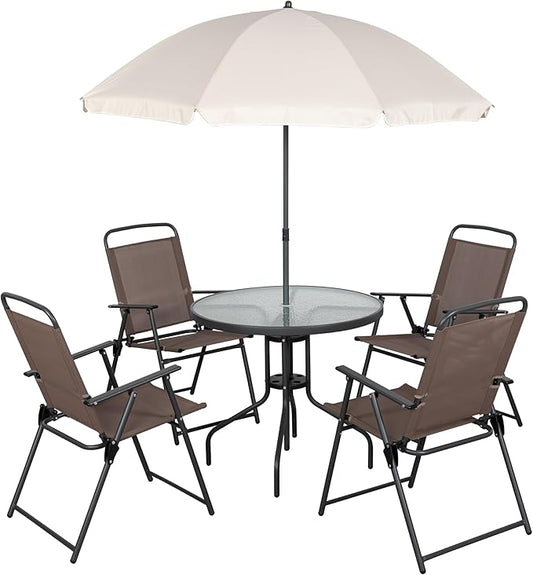 JAMFLY 6 Piece Folding Patio Dining Set,Small Metal Outdoor Garden Patio Table and Chair Set w/Umbrella for Lawn