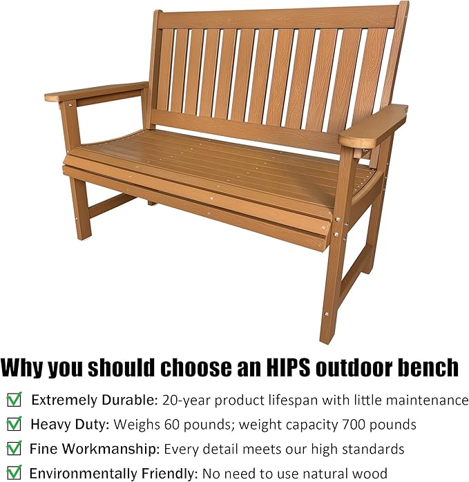 Poly Lumber Outdoor Bench, HIPS All-Weather Bench, Never Rots or Fades, for Patio, Porch, Garden and Park, 700 lbs Weight Capacity (Brown, 44-inch)