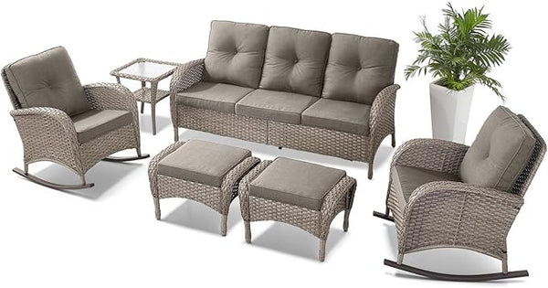 Belord 6 Pieces Patio Rocking Chairs Outdoor Furniture Set with Outdoor Couch and Ottoman Conversation Patio Furniture - Photo 1