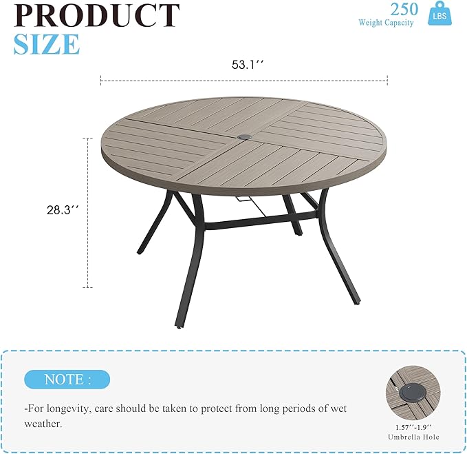 VICLLAX 53" Round Patio Table with Umbrella Hole, All Weather Metal Outdoor Dining Table for 6-8, Outside Table for Lawn Garden, Grey Wood-Grain Finish