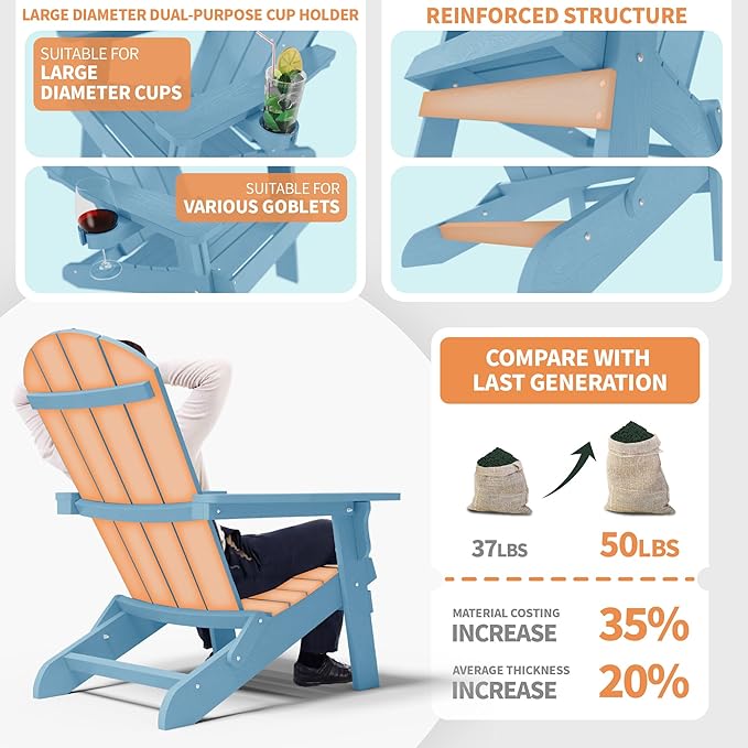 YEFU Adirondack Chair, Foldable Oversized Plastic Adirondack Chair Set of 4 with Cup Holder, Patio Chair with Weather Resistant for Outside Deck Lawn, Weight Capacity Up to 400 Lbs –Blue