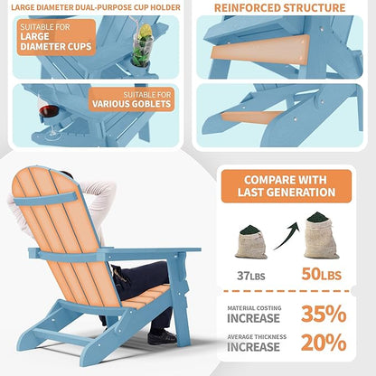 YEFU Adirondack Chair, Foldable Oversized Plastic Adirondack Chair Set of 4 with Cup Holder, Patio Chair with Weather Resistant for Outside Deck Lawn, Weight Capacity Up to 400 Lbs –Blue