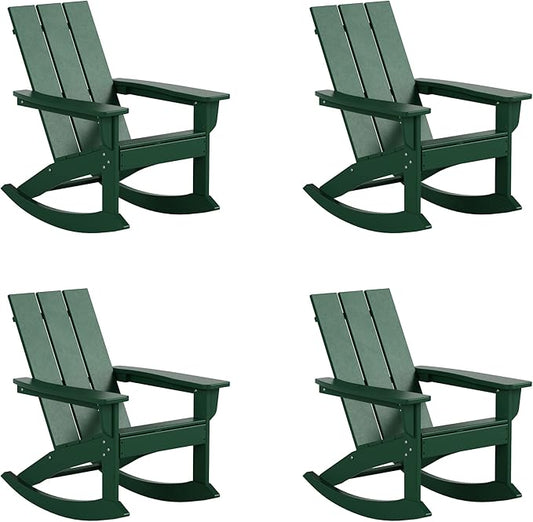 WestinTrends Ashore Patio Rocking Chairs Set of 4, All Weather Poly Lumber Plank Adirondack Rocker Chair, Modern, Dark Green