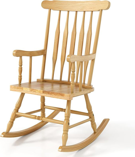 Giantex Outdoor Wood Rocking Chair - Patio Rocking Chair with Solid Rubber Wood Frame, Slat Back, Outside & Indoor Rocker for Garden, Poolside, Balcony, Backyard, Lawn, Front Porch Rocker, Natural