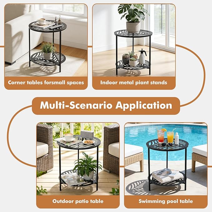 17.7" Two-tiered Metal Round Side Tables Extra-large Black Outside End Table for Patio Round Accent Garden Corner Stand - Photo 8