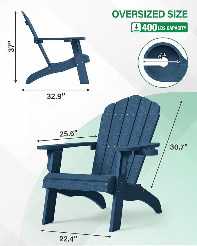 YEFU Oversized Adirondack Chair with Cup-Holder,Plastic Outdoor Fire Pit Chair, Weather Resistant, Poly Lumber Chair, Used in Patio, Lawn, Deck,Heavty Duty,Weight Capacity 450lbs-Navy Blue