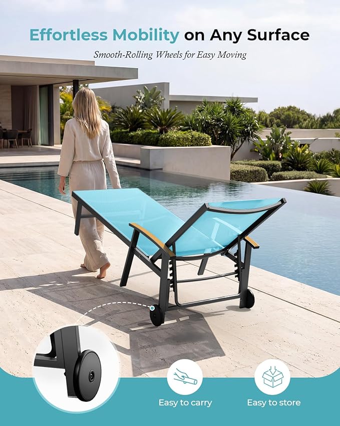 Ciokea Outdoor Lounge Chair with Pillow, 5-Position Aluminum Chaise Lounge with Wheels & Armrests - Photo 6