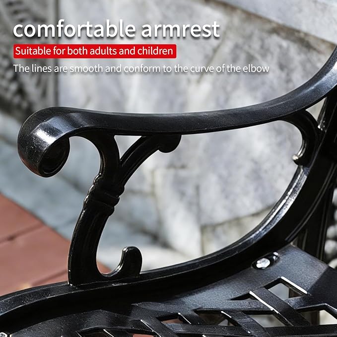 51" Outdoor Bench Garden Bench Cast Aluminum Bench with Floral Back Metal Front Porch Benches for Yard Patio Entryway Park (Matte Black)